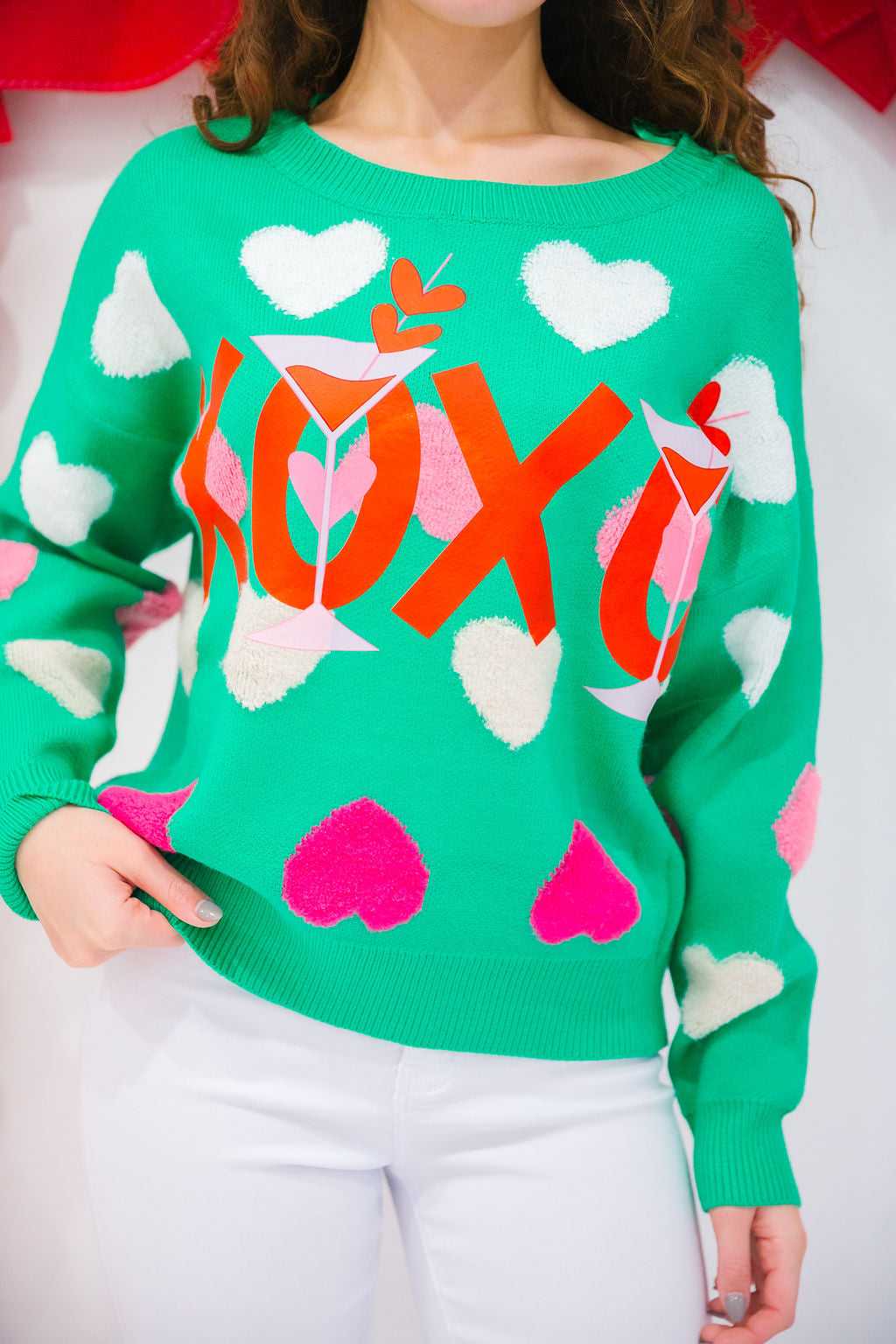 XOXO GREEN HEART SWEATER