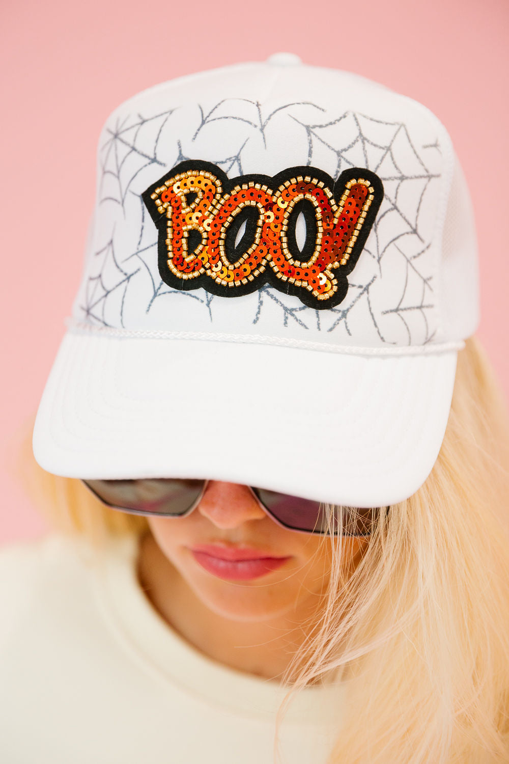 BOO! SPOOKY WHITE TRUCKER HAT TRUCKER HAT Judith March   