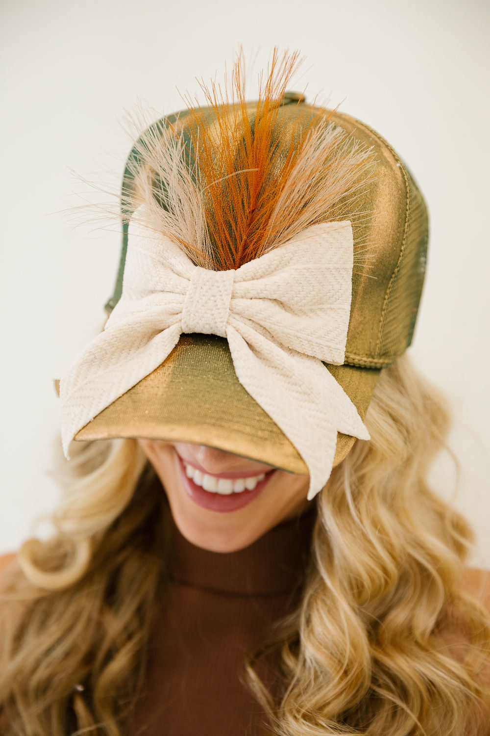OLIVE & IVORY BOW TRUCKER HAT TRUCKER HAT Judith March