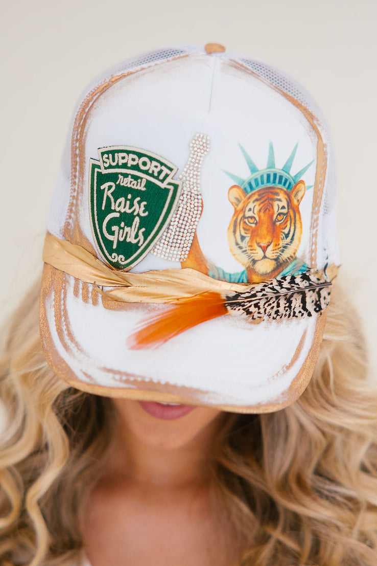 SUPPORT RETAIL TIGER WHITE TRUCKER HAT HAT Judith March