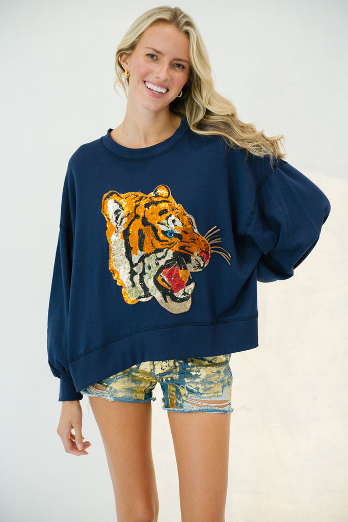 NAVY SEQUIN TIGER PULLOVER gameday23 Judith March