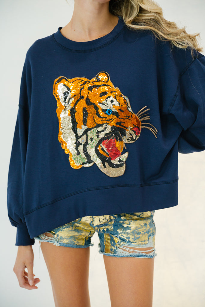 NAVY SEQUIN TIGER PULLOVER gameday23 Judith March