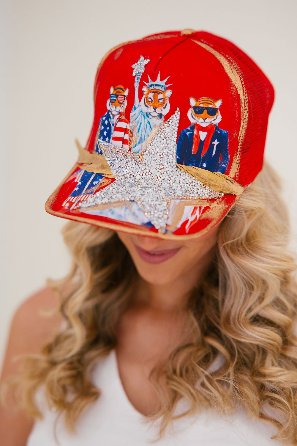 STARS AND STRIPES RED TRUCKER HAT HAT Judith March