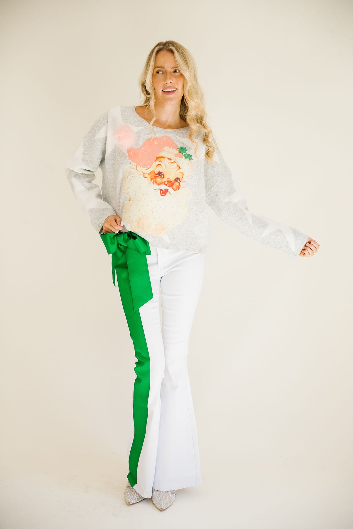 SANTA CLAUS SPARKLE GREY STAR SWEATER PULLOVER Judith March