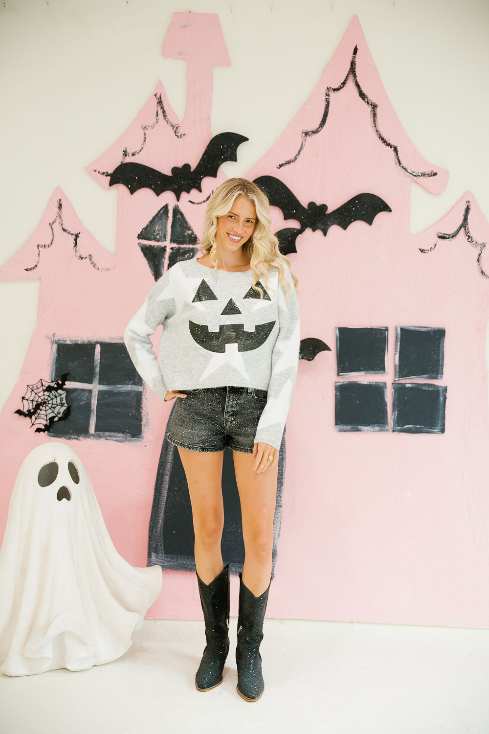 SPOOKY SEASON GREY STAR SWEATER