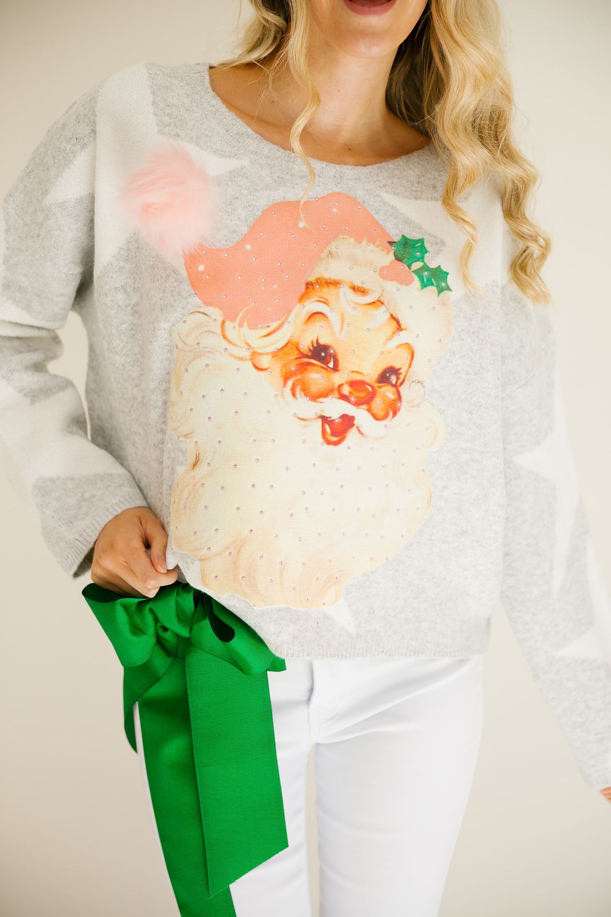 SANTA CLAUS SPARKLE GREY STAR SWEATER PULLOVER Judith March