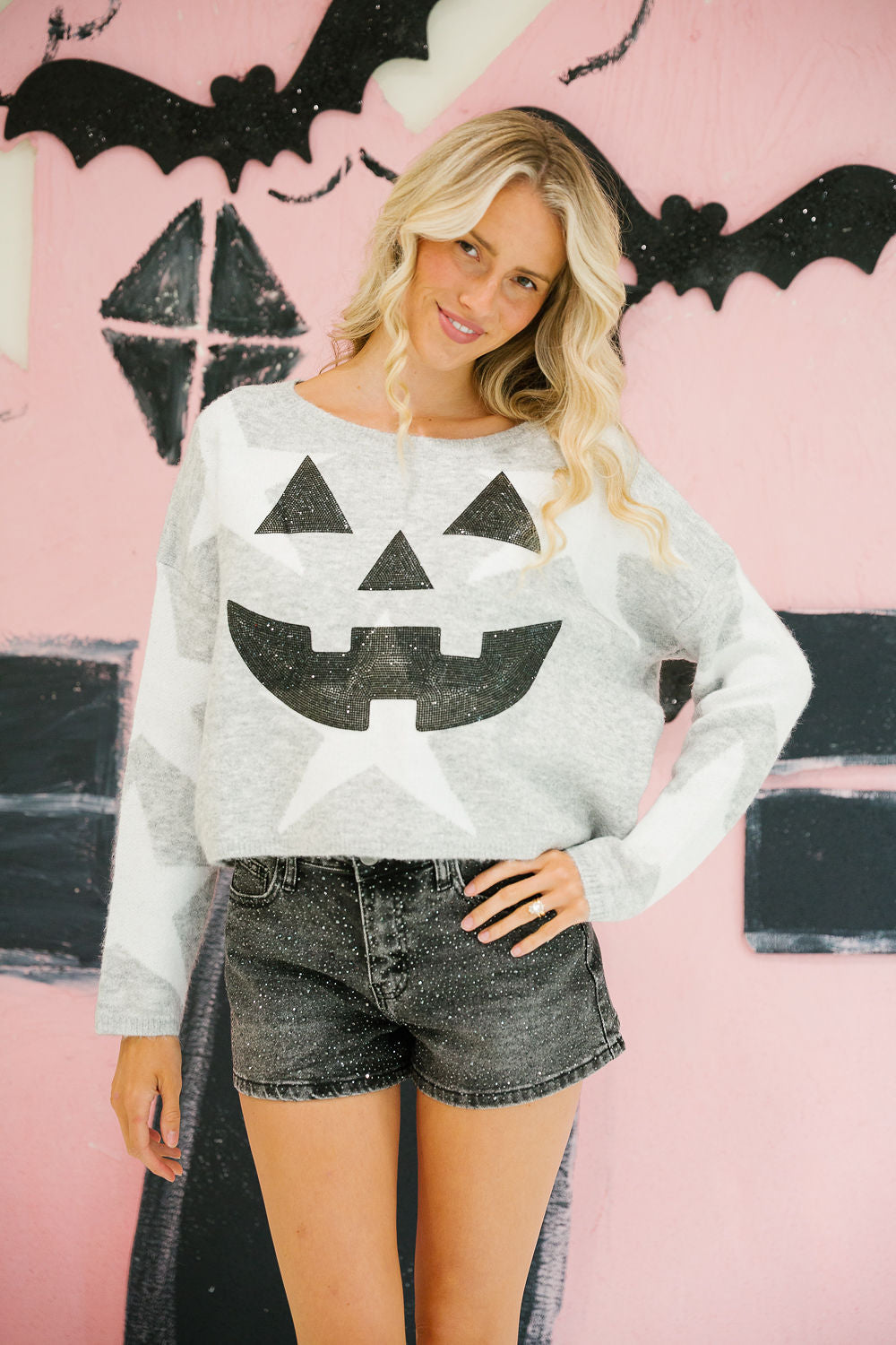 SPOOKY SEASON GREY STAR SWEATER PULLOVER Judith March