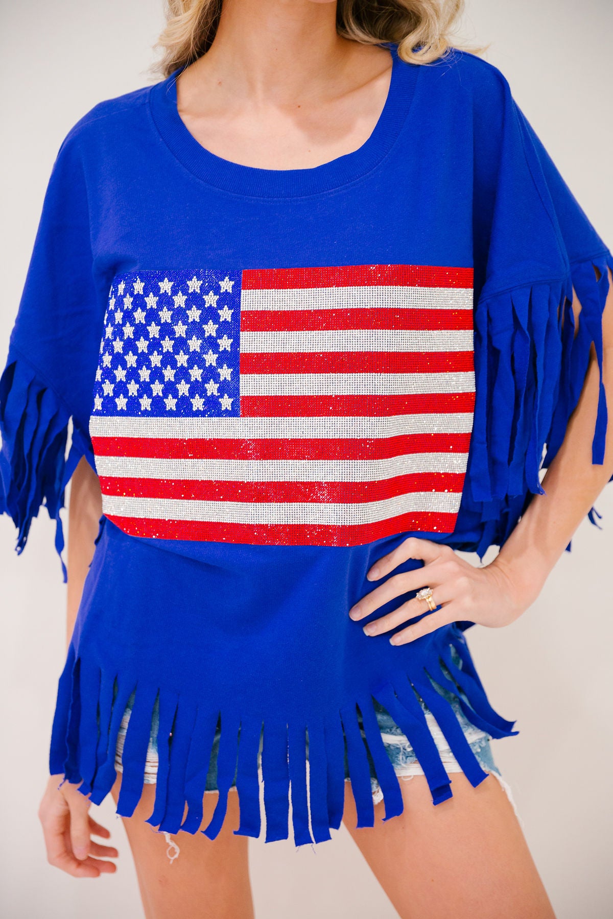 *RHINESTONE FLAG ROYAL FRINGE TEE - MULTIPLE SIZES PULLOVER Judith March