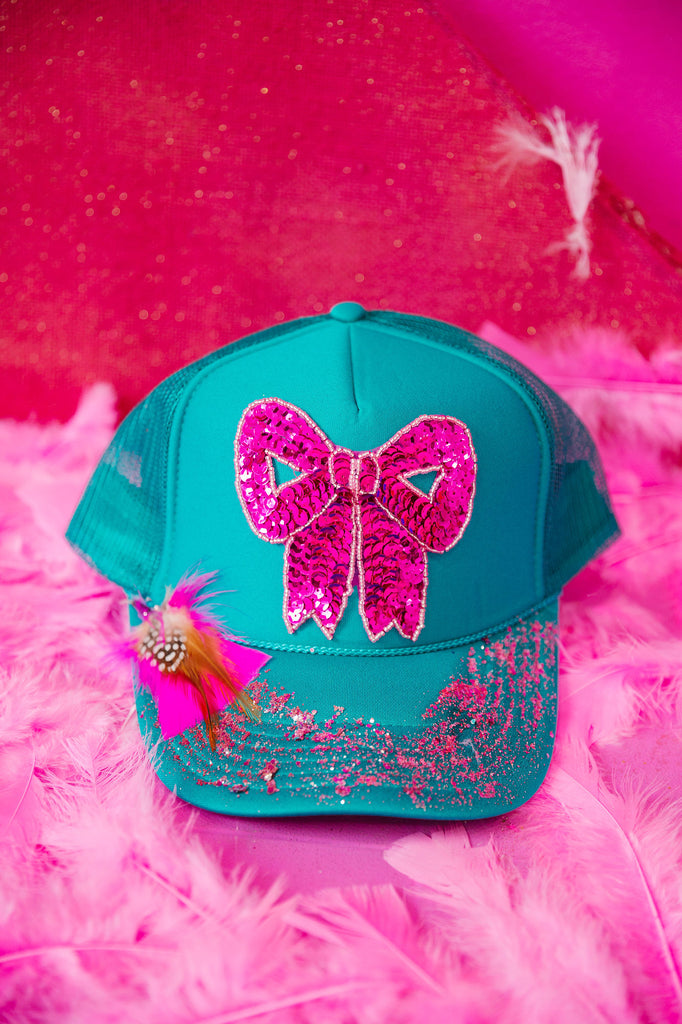 SEQUIN BOW TURQUOISE TRUCKER HAT