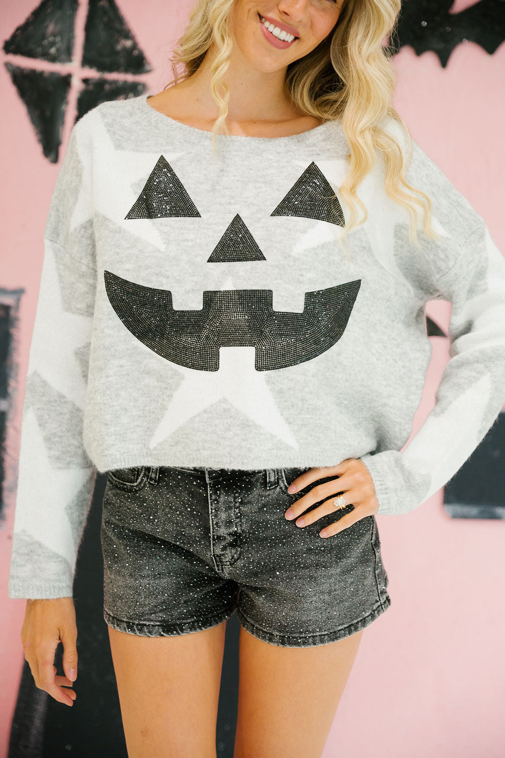 SPOOKY SEASON GREY STAR SWEATER PULLOVER Judith March