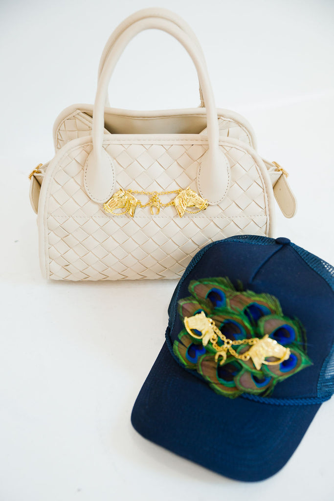OFF TO THE RACES NAVY STRUCTURED HAT TRUCKER HAT Judith March