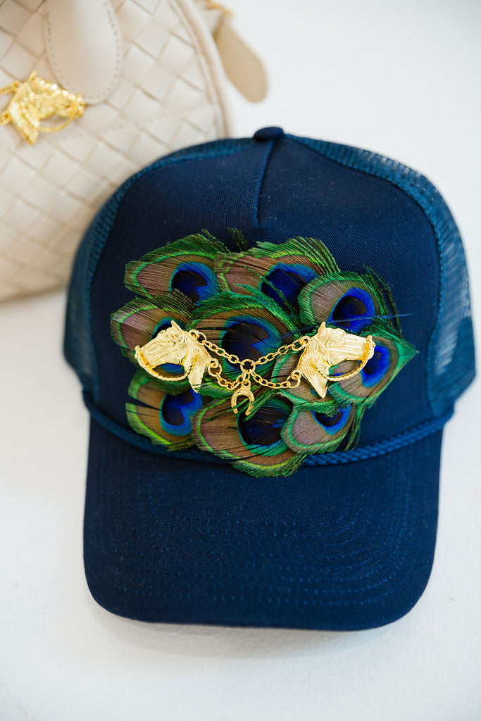 OFF TO THE RACES NAVY STRUCTURED HAT TRUCKER HAT Judith March
