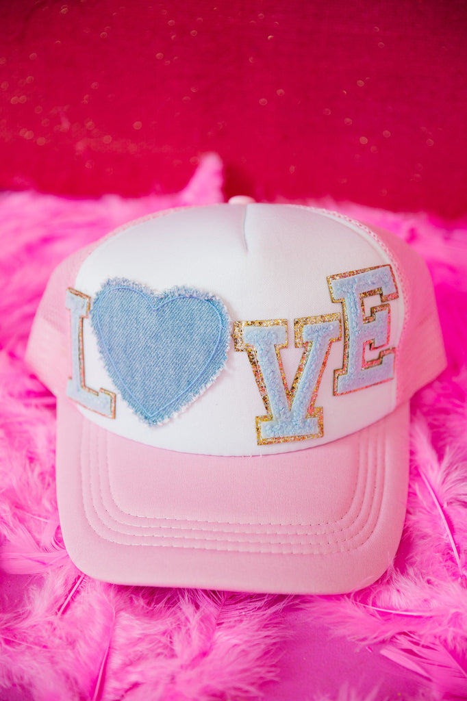 LOVE PINK AND WHITE TRUCKER HAT