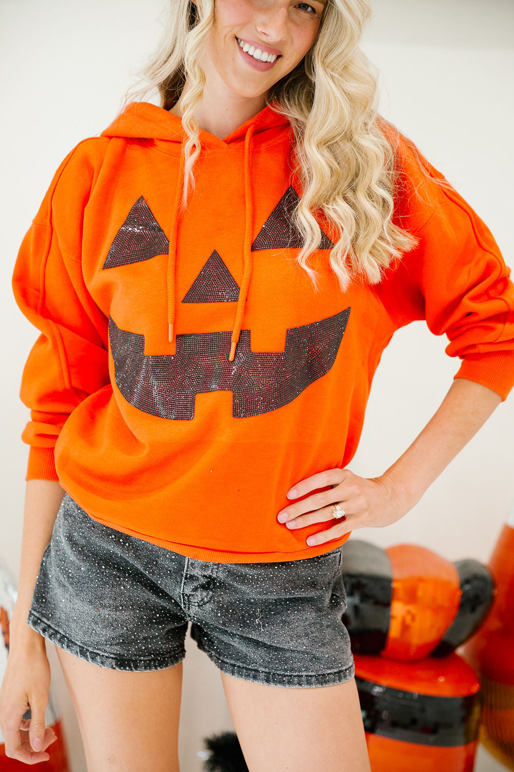 PUMPKIN FACE ORANGE HOODIE PULLOVER Judith March