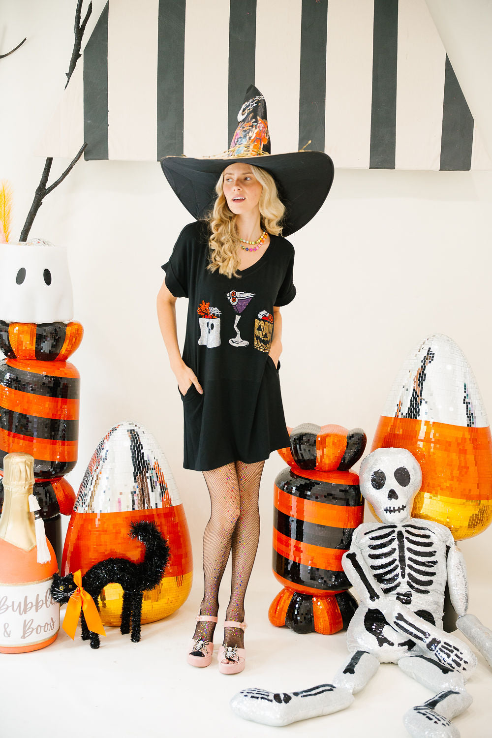 SPOOKY SIPS BLACK VNECK DRESS PULLOVER Judith March