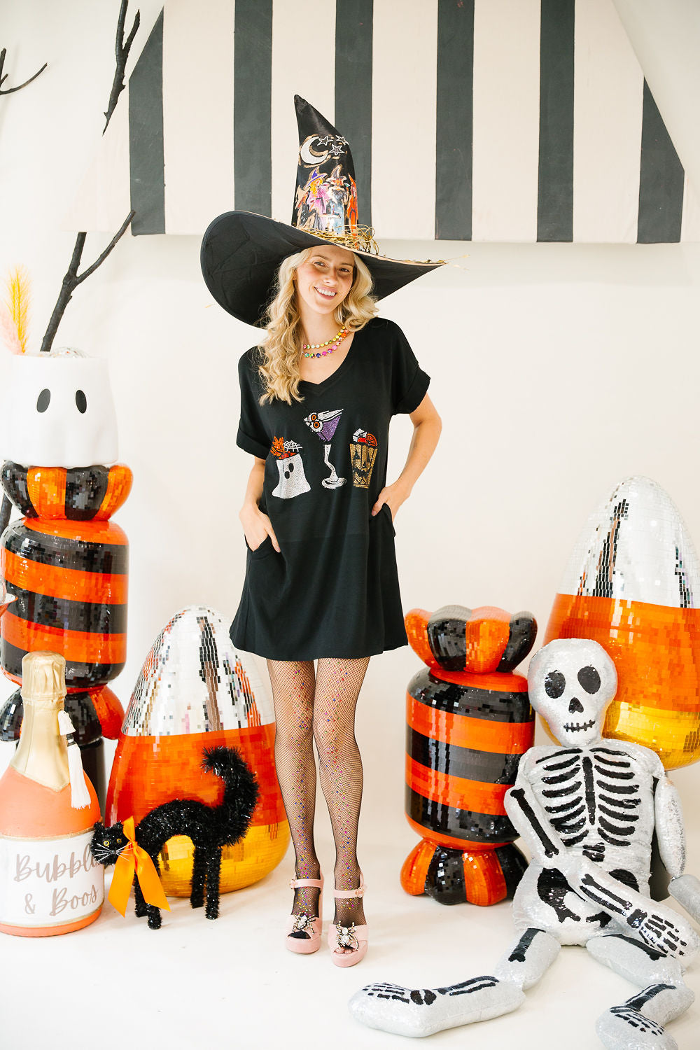 SPOOKY SIPS BLACK VNECK DRESS PULLOVER Judith March