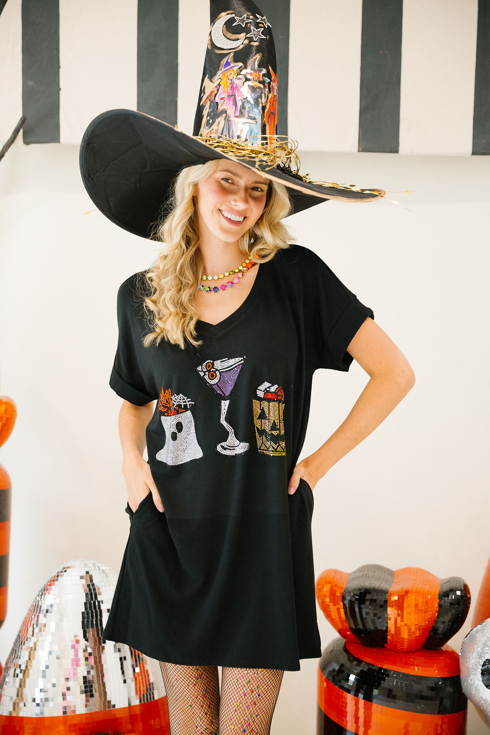 SPOOKY SIPS BLACK VNECK DRESS PULLOVER Judith March