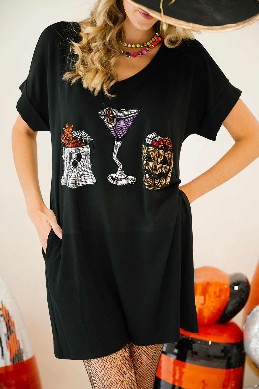 SPOOKY SIPS BLACK VNECK DRESS PULLOVER Judith March