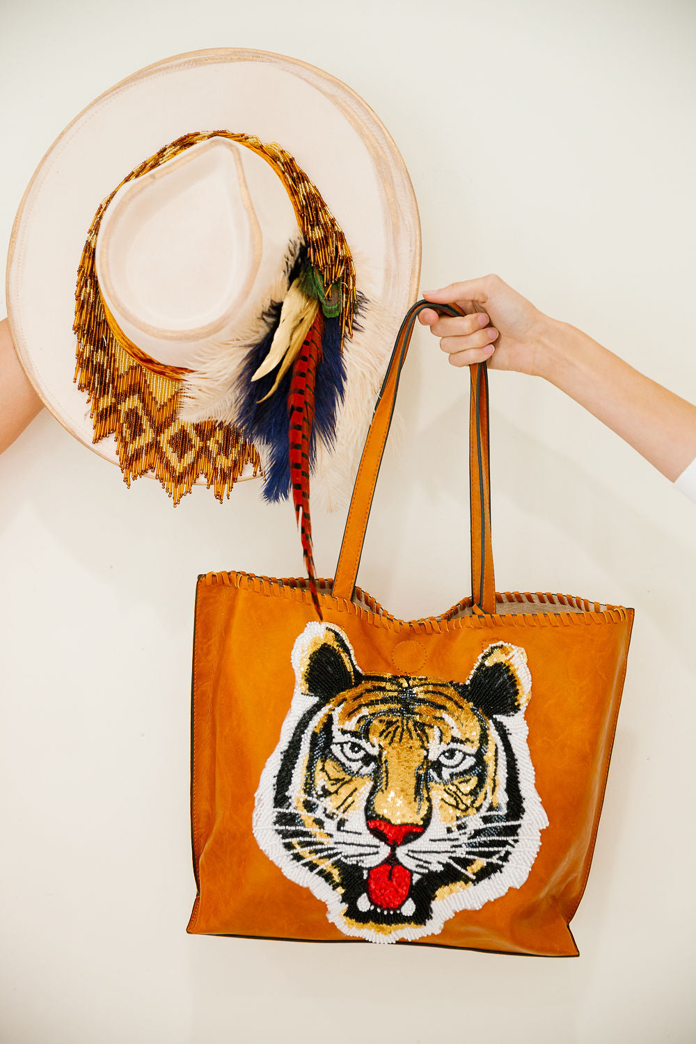 BEADED TIGER LEATHER TOTE