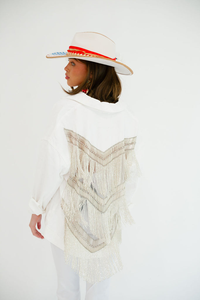 SILVER FRINGE WHITE DENIM JACKET JACKET Judith March