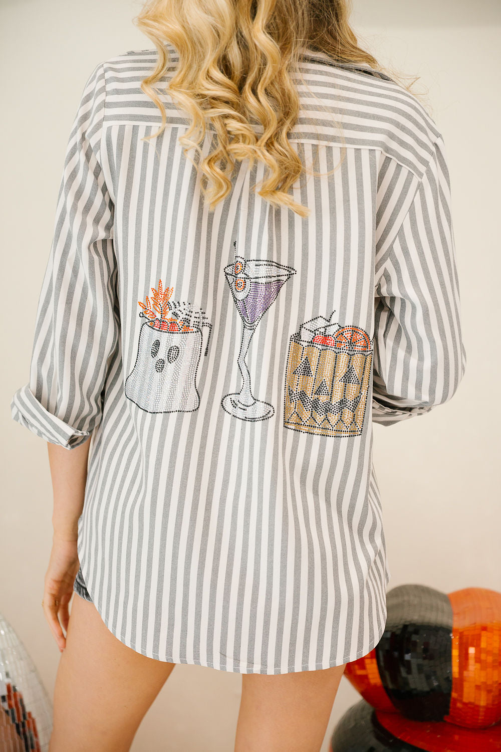 SPOOKY SIPS STRIPED BUTTON DOWN PULLOVER Judith March