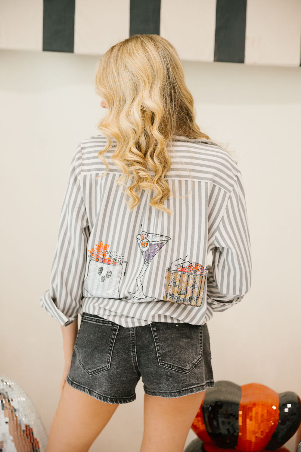 SPOOKY SIPS STRIPED BUTTON DOWN PULLOVER Judith March