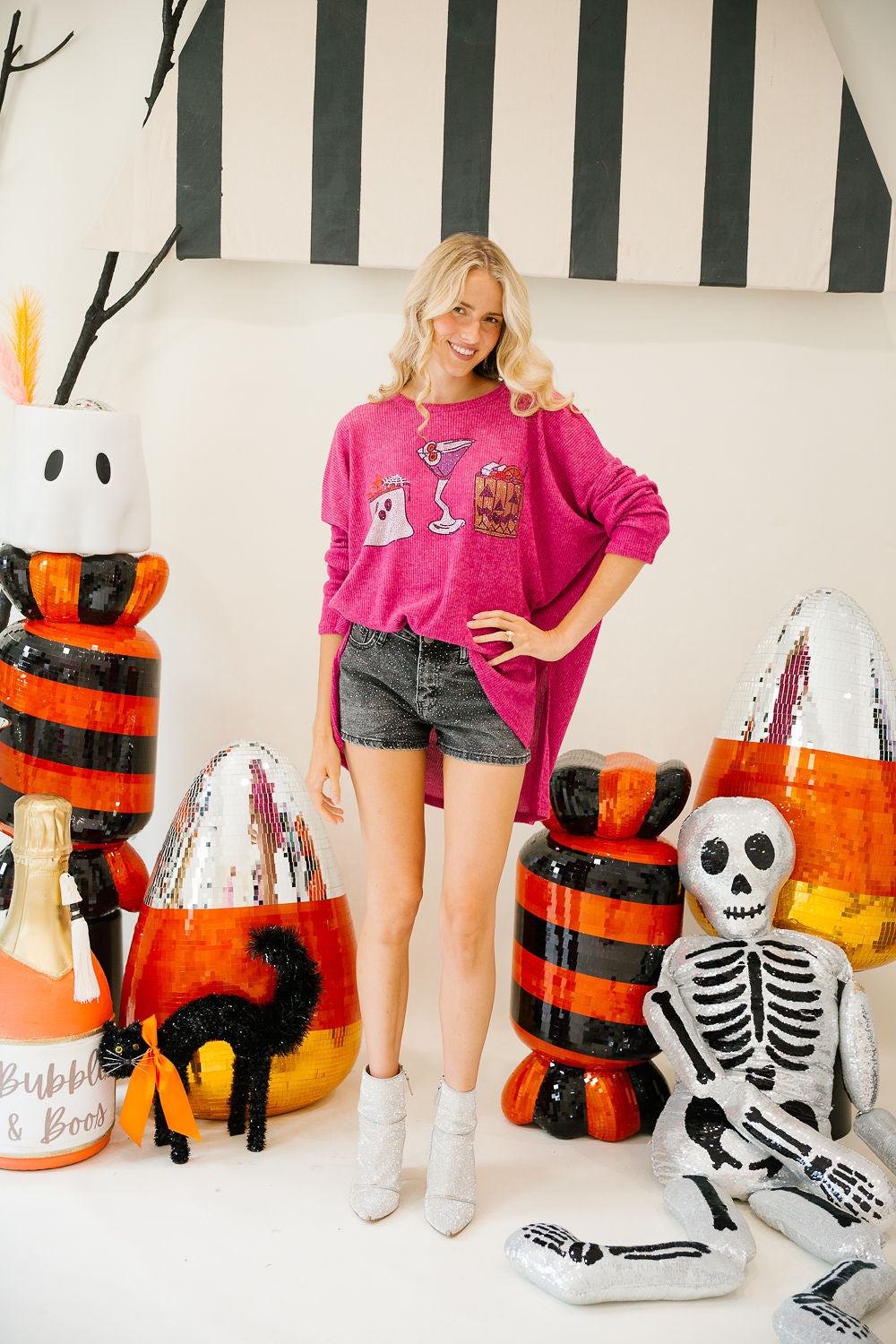 SPOOKY SIPS PINK SWEATER PULLOVER Judith March