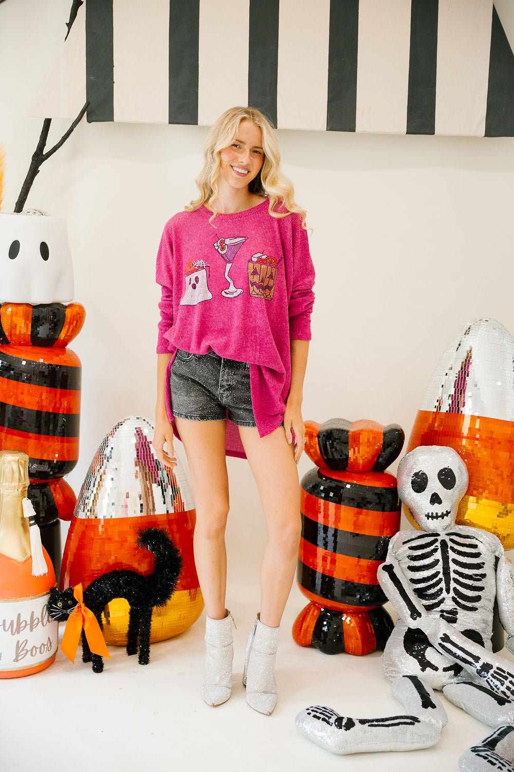 SPOOKY SIPS PINK SWEATER PULLOVER Judith March