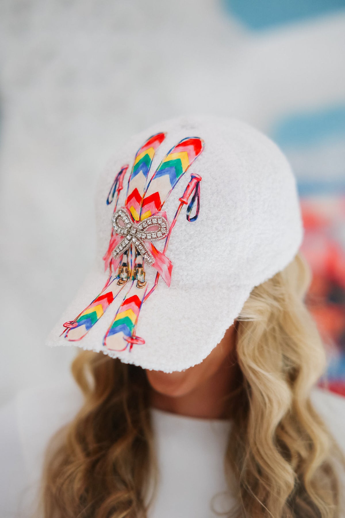 APRÈS RAINBOW SKIS WHITE FUZZY HAT TRUCKER HAT Judith March
