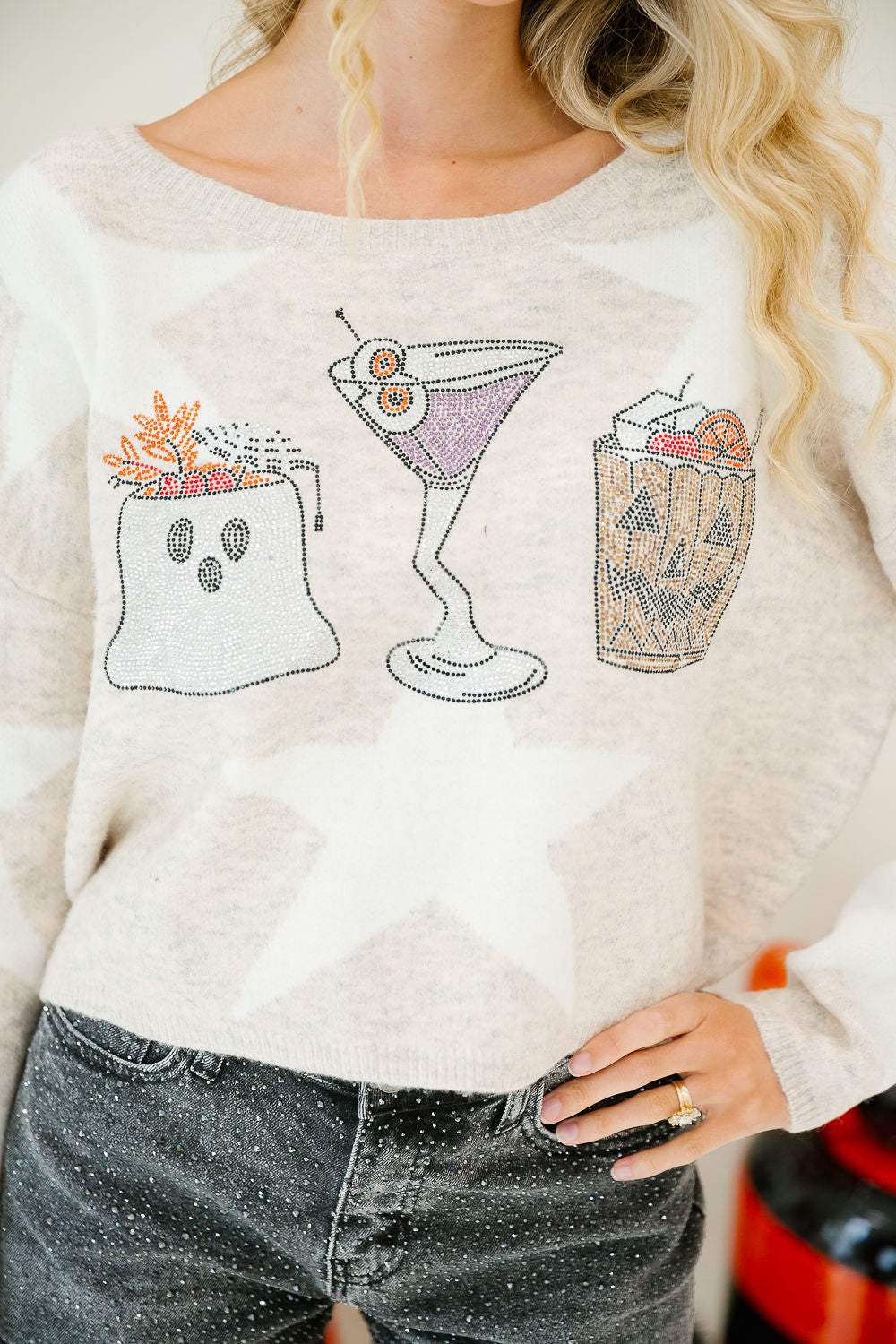 SPOOKY SIPS BEIGE STAR SWEATER PULLOVER Judith March