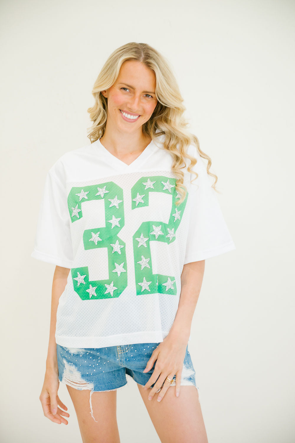 *GREEN #32 WHITE JERSEY - S/M PULLOVER Judith March