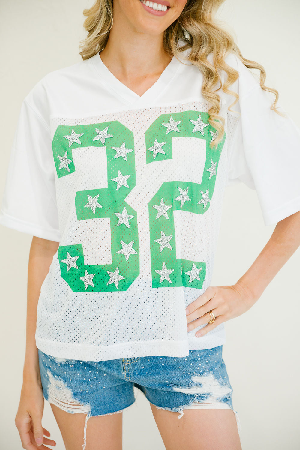 *GREEN #32 WHITE JERSEY - S/M PULLOVER Judith March