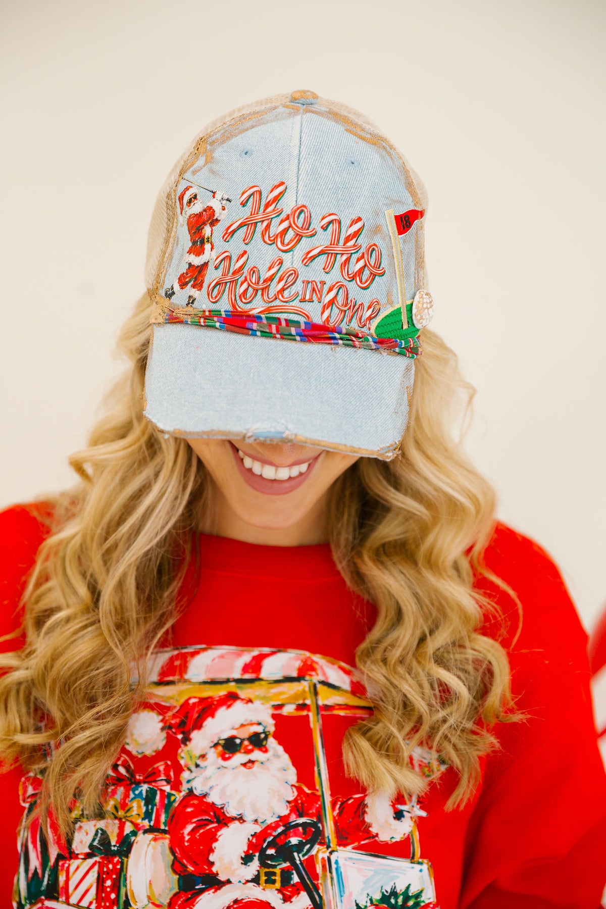 HO HO HOLE IN ONE DENIM DISTRESSED TRUCKER HAT TRUCKER HAT Judith March