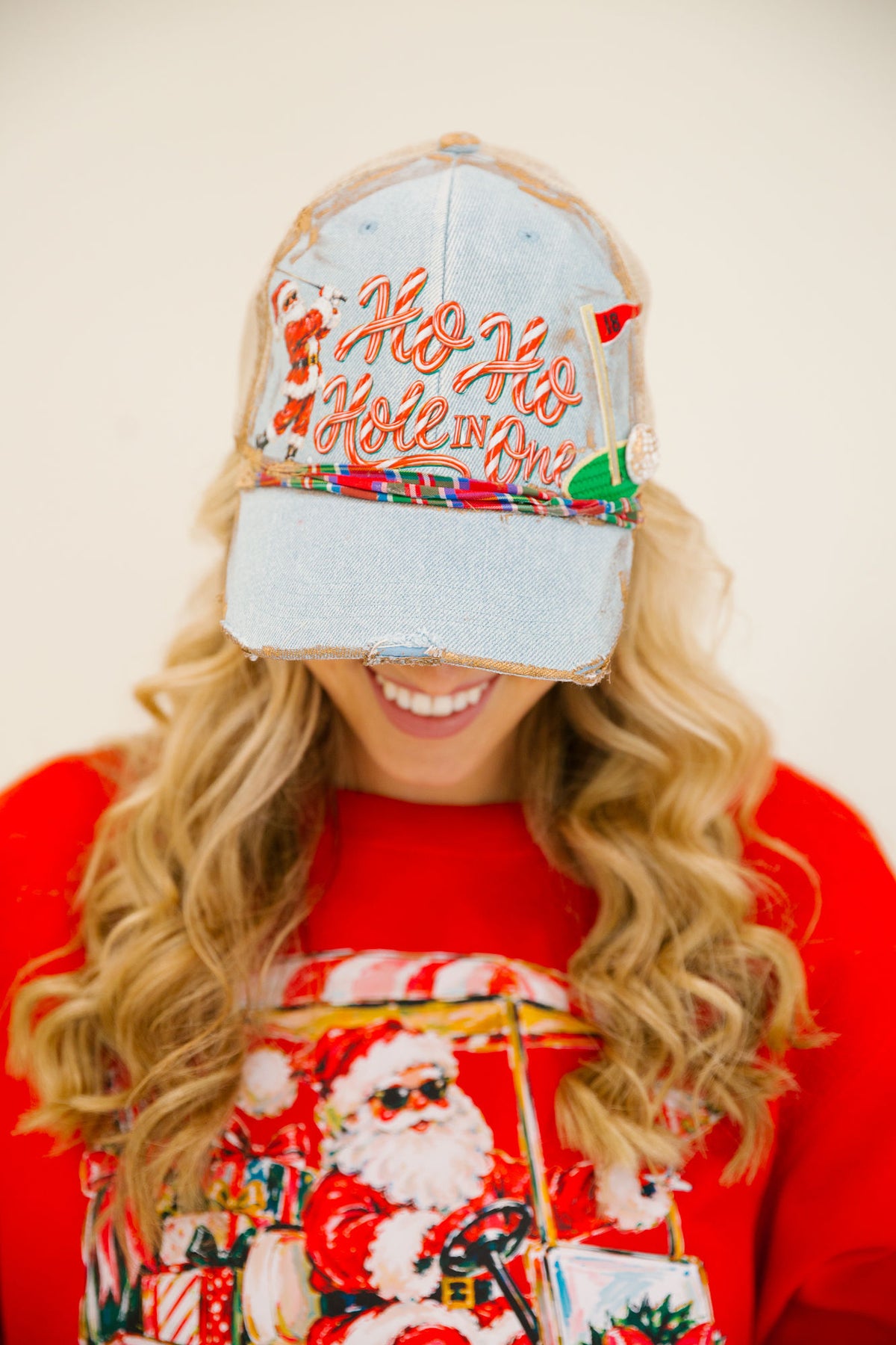 HO HO HOLE IN ONE DENIM DISTRESSED TRUCKER HAT TRUCKER HAT Judith March