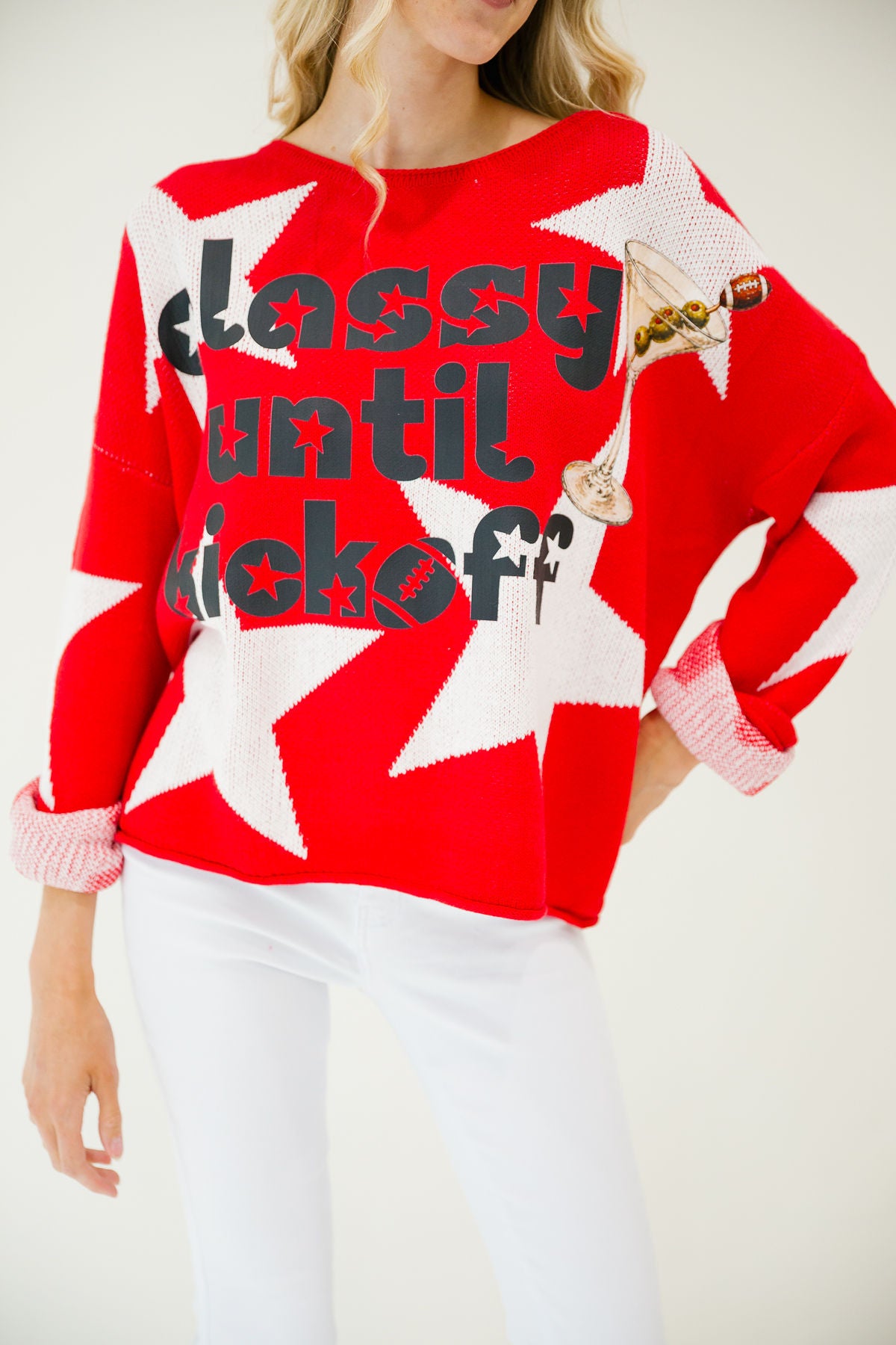 CLASSY UNTIL KICKOFF RED STAR SWEATER