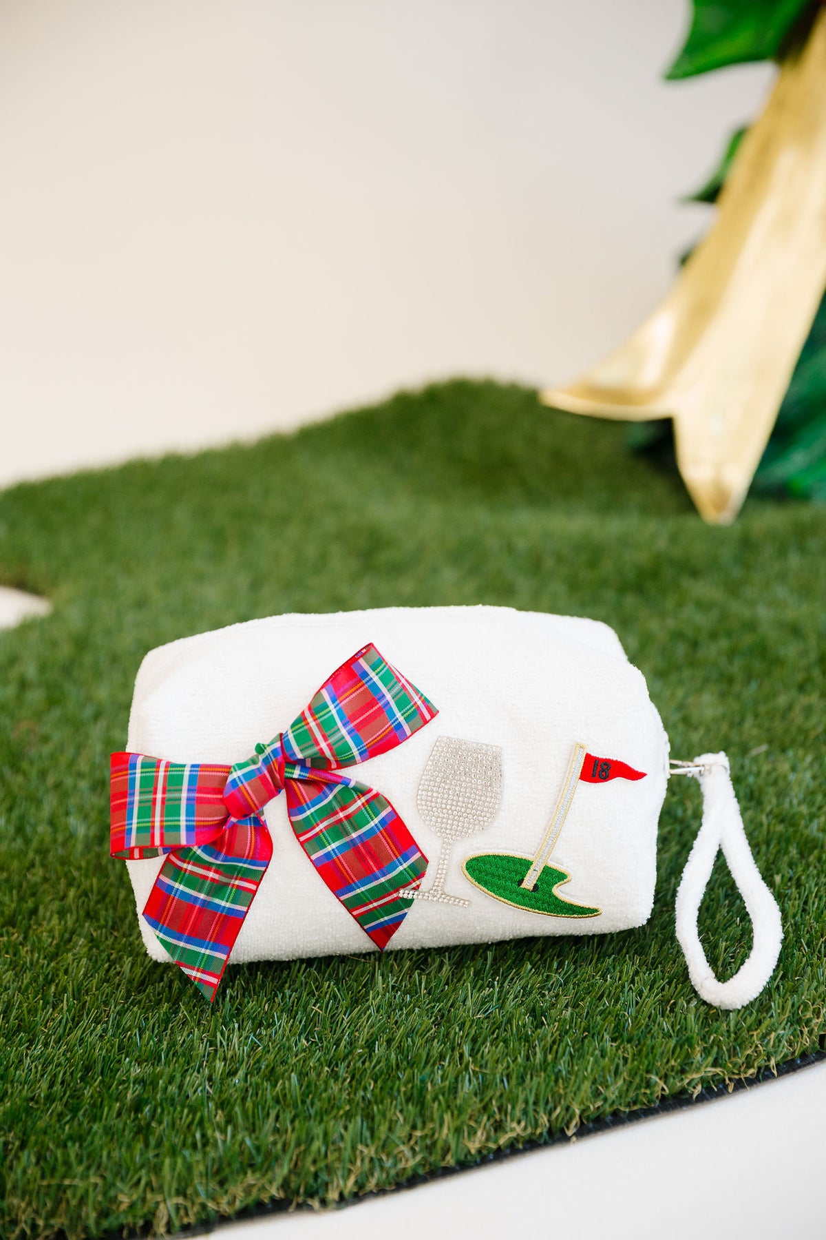 CHRISTMAS ON THE COURSE TERRY BAGS TERRY BAG Judith March WHITE SMALL TERRY (PLAID BOW)