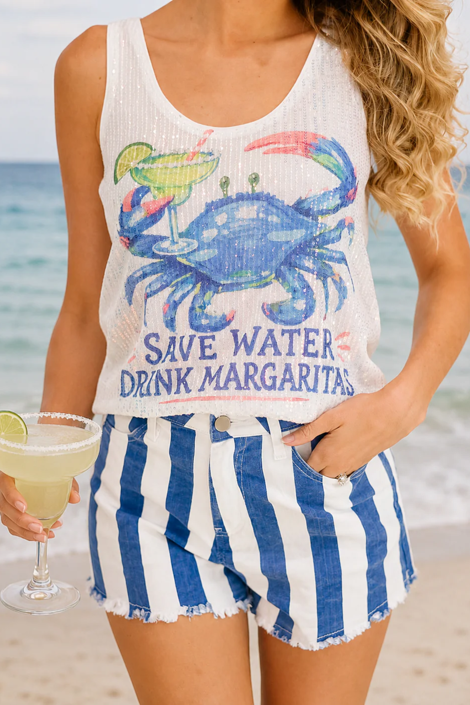 SAVE WATER DRINK MARGARITAS SILVER SEQUIN TANK TANK Judith March