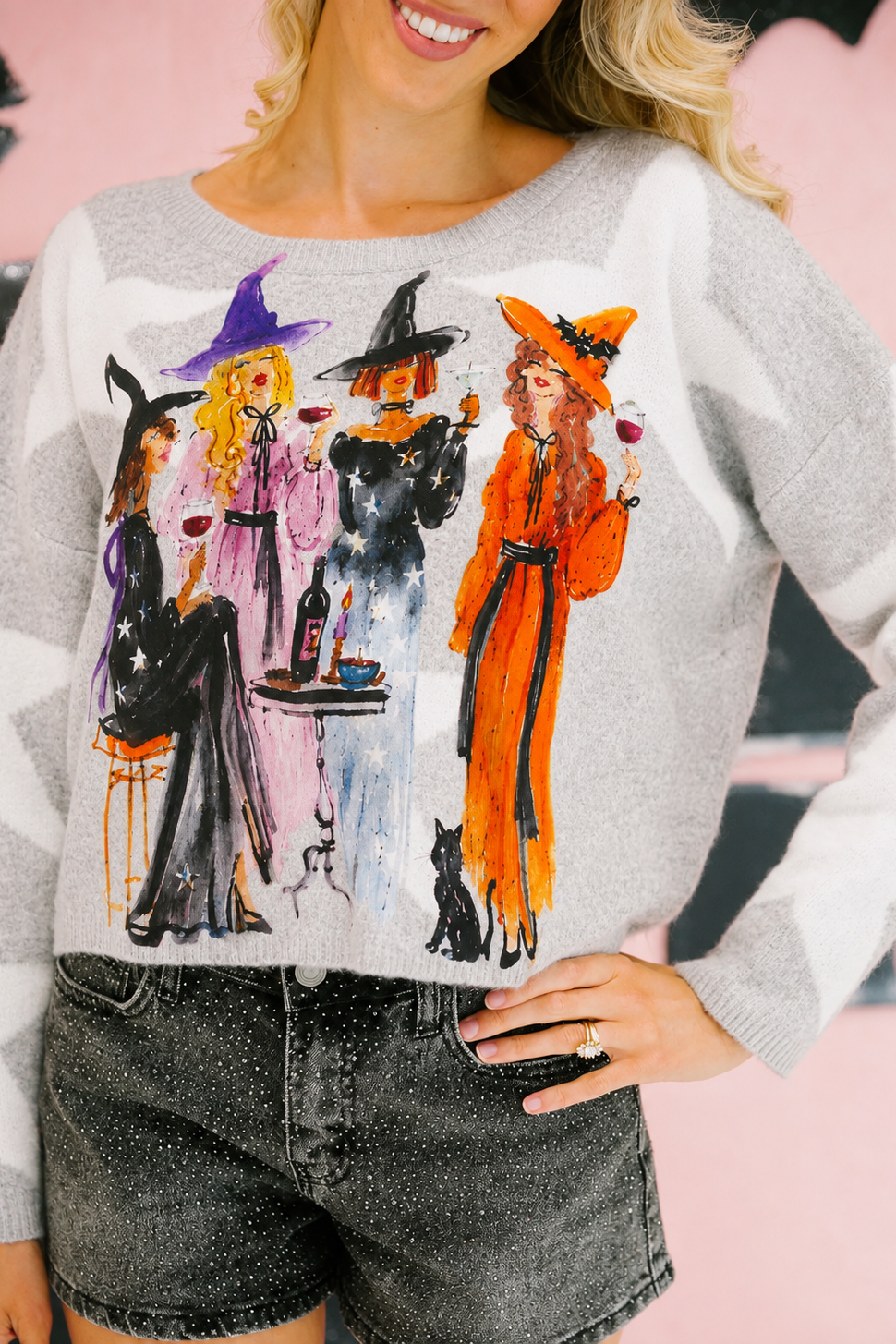 WITCH'S NIGHT OUT GRAY STAR SWEATER PULLOVER Judith March