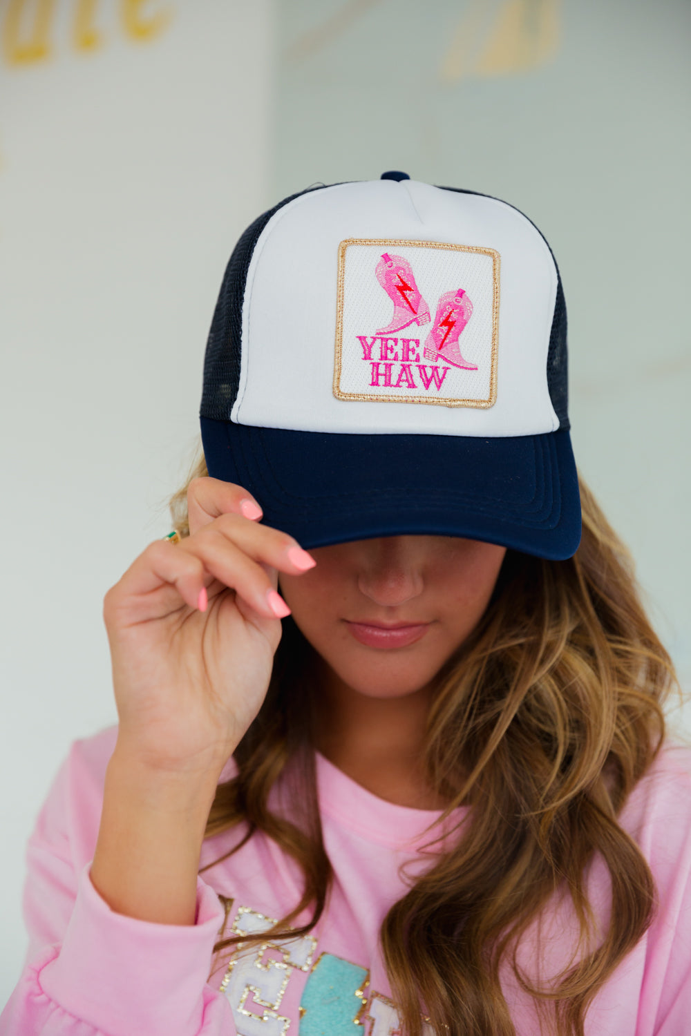 YEE HAW PATCH HAT HAT Judith March BLUE/WHITE TRUCKER  