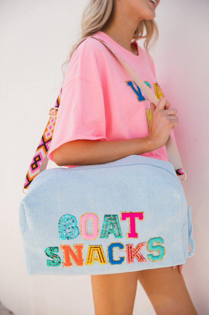 Blue large terry bag with colorful and sequin "Boat Snacks" letters