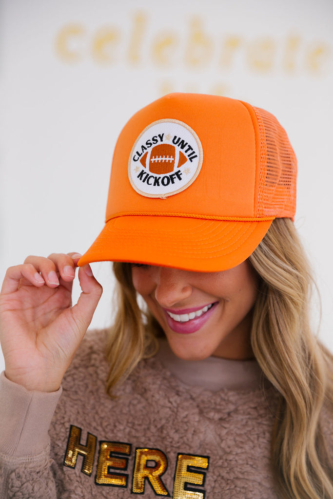 CLASSY UNTIL KICKOFF PATCH HAT Hats Judith March ORANGE TRUCKER  