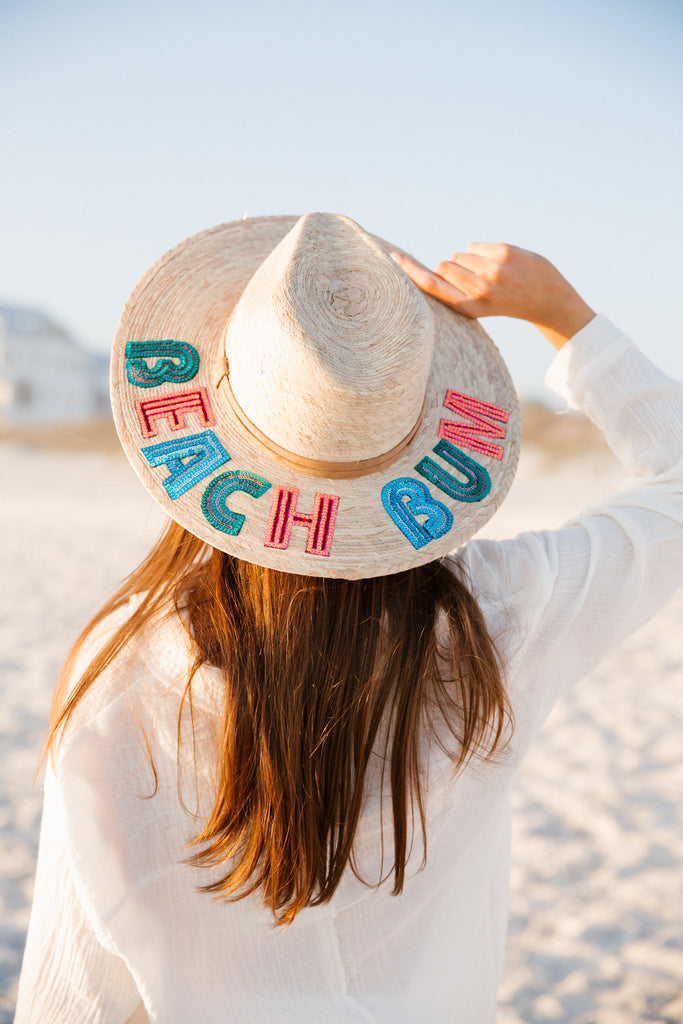 Straw sun hat with Beach Bum in multicolor sequin letters
