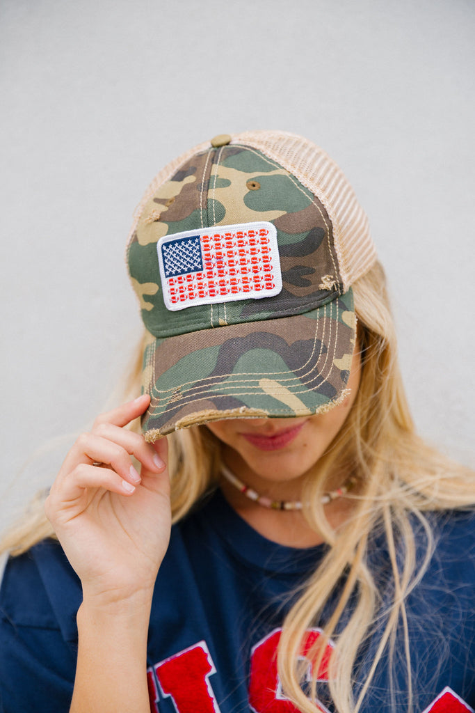 Camo baseball hat with American flag