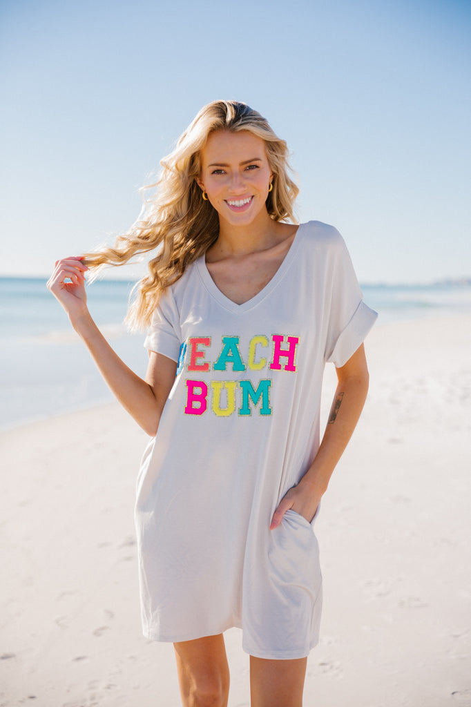 Ivory t-shirt dress with Beach Bum in multicolor terry letters