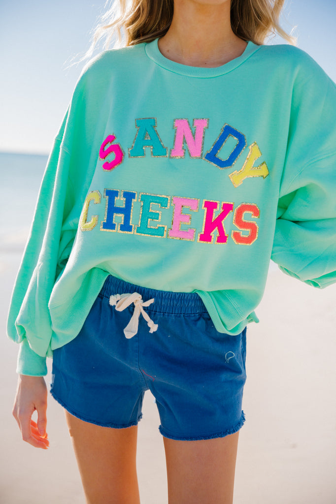 Mint cropped pullover with Sandy Cheeks in rainbow terry letters