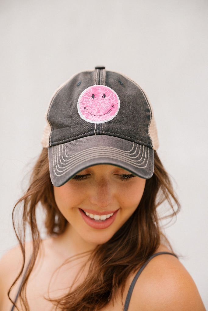 PINK SEQUIN SMILE PATCH HAT Hats Judith March BLACK  