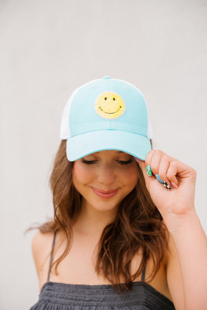 YELLOW SEQUIN SMILE PATCH HAT Hats Judith March TEAL  