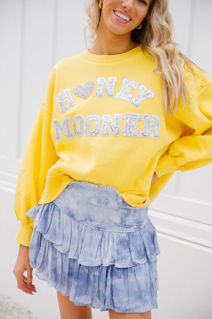 Yellow cropped pullover with silver sparkle "Honey Mooner" letters and silver heart