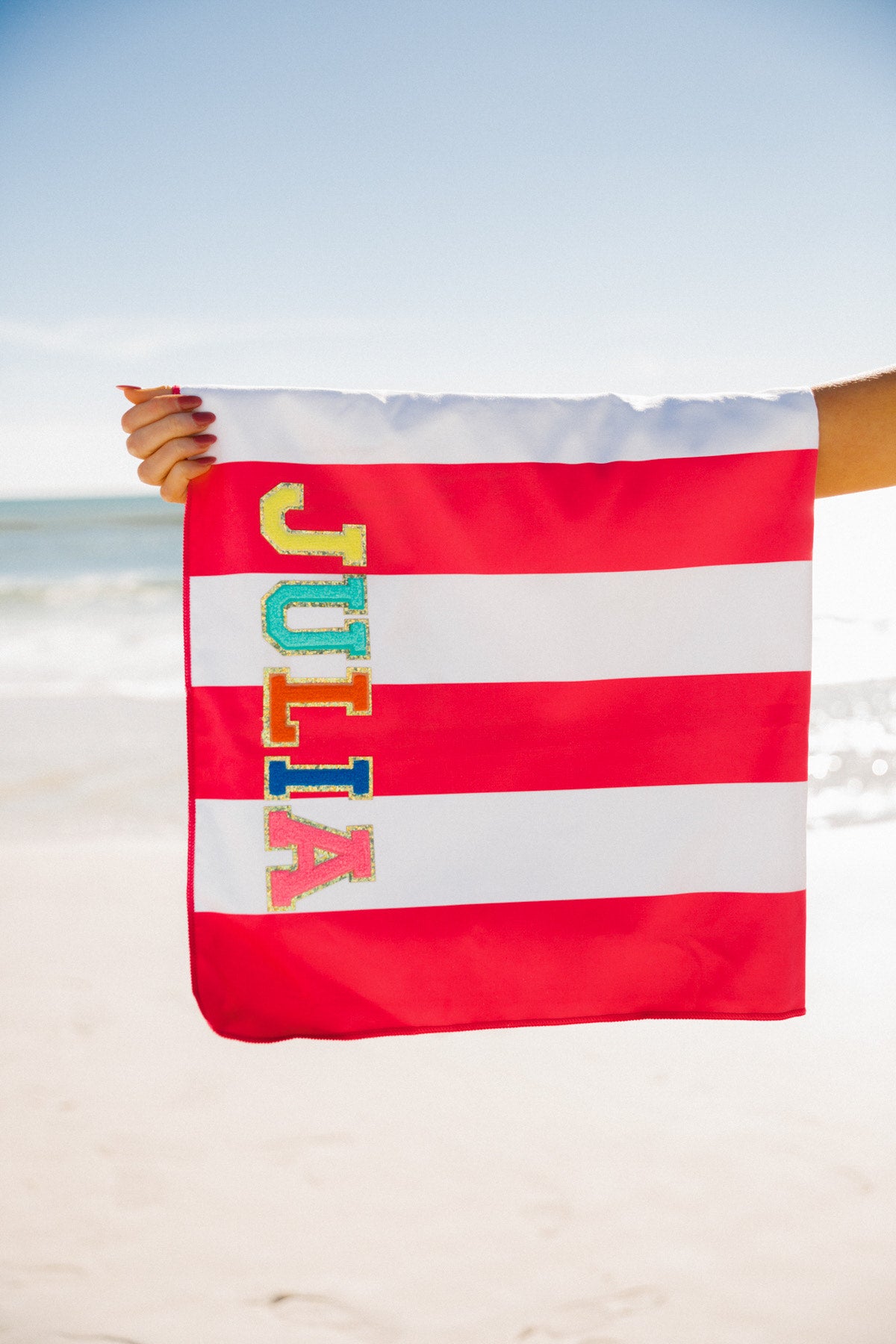 CUSTOM BEACH TOWEL Beach Towels Judith March RED AND WHITE STRIPES  