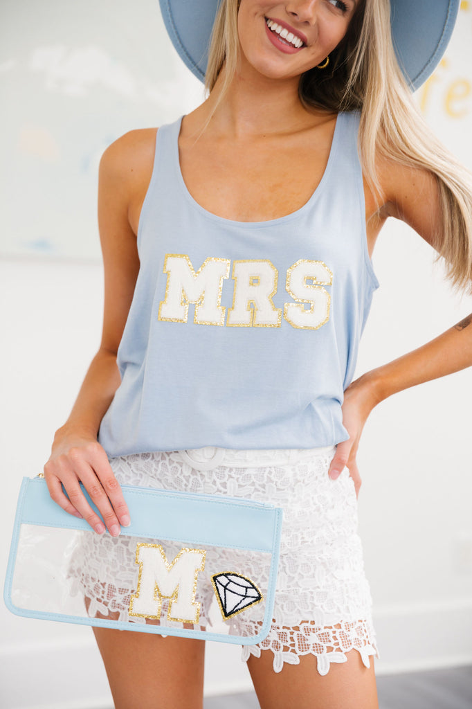 Light blue tank top with white glam "Mrs" letters